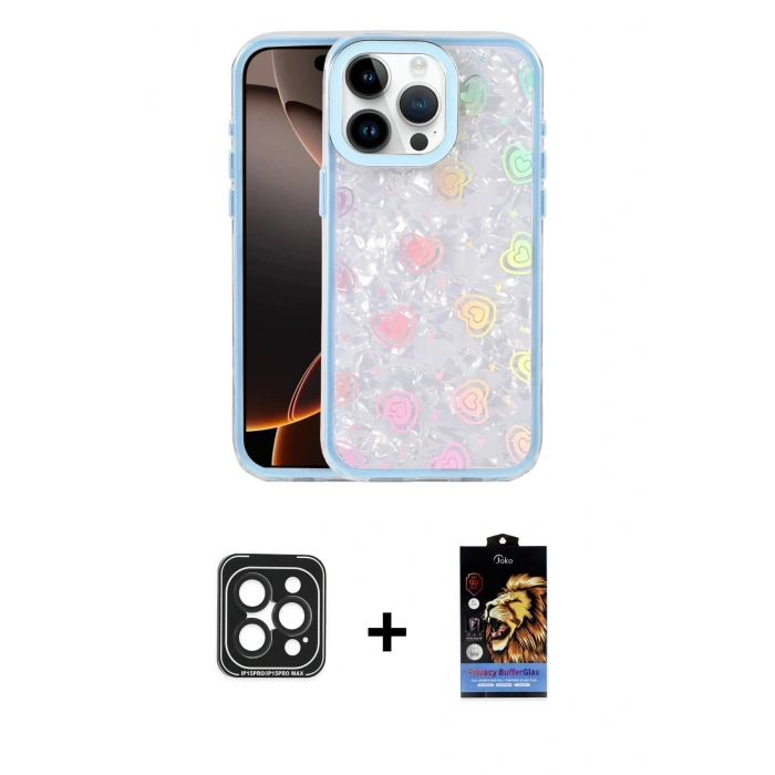MARSİLYAN™- iPhone 15 Pro Max Kılıf Odak Prime - Siyah Buffer Hayalet Cam Ekran Koruyucu + Siyah PVD Metal Kamera Lens