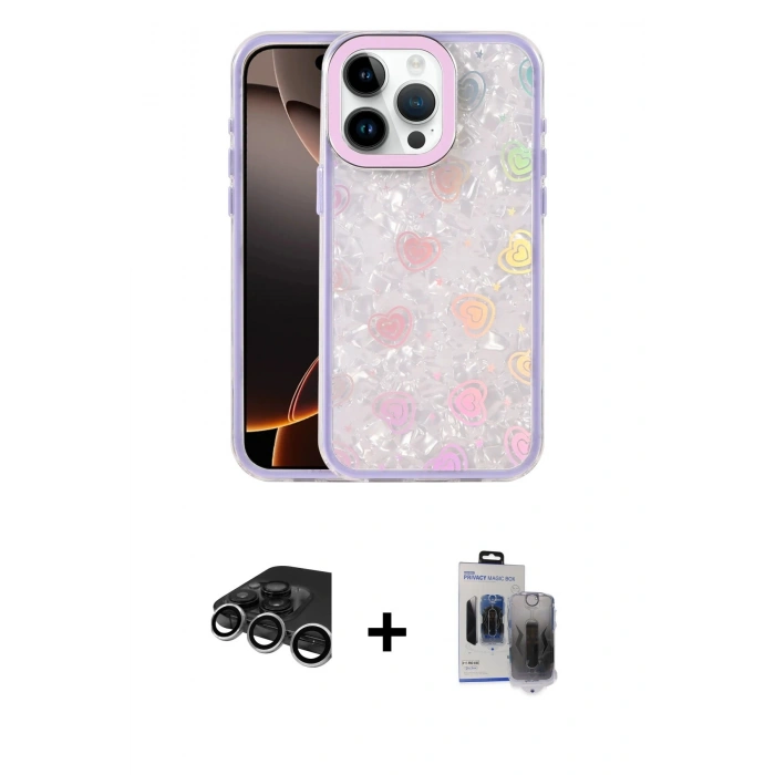 MARSİLYAN™- iPhone 15 Pro Max Kılıf Odak Prime - Siyah Vanessa Magic Hayalet Cam + Gümüş Raze Metal Kamera Lens