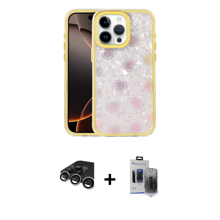 MARSİLYAN™- iPhone 15 Pro Max Kılıf Odak Prime - Siyah Vanessa Magic Hayalet Cam + Gümüş Raze Metal Kamera Lens