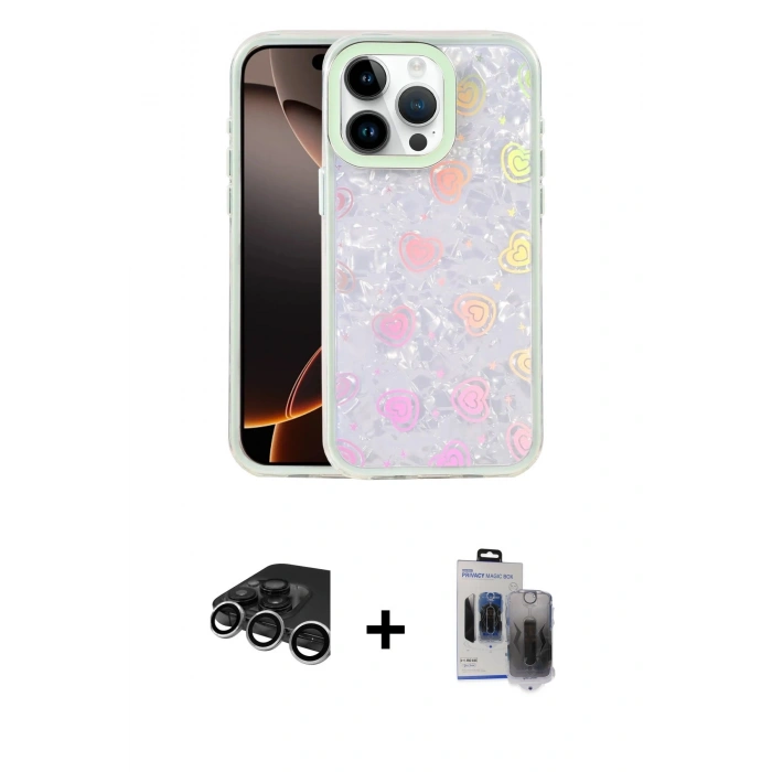MARSİLYAN™- iPhone 15 Pro Max Kılıf Odak Prime - Siyah Vanessa Magic Hayalet Cam + Gümüş Raze Metal Kamera Lens