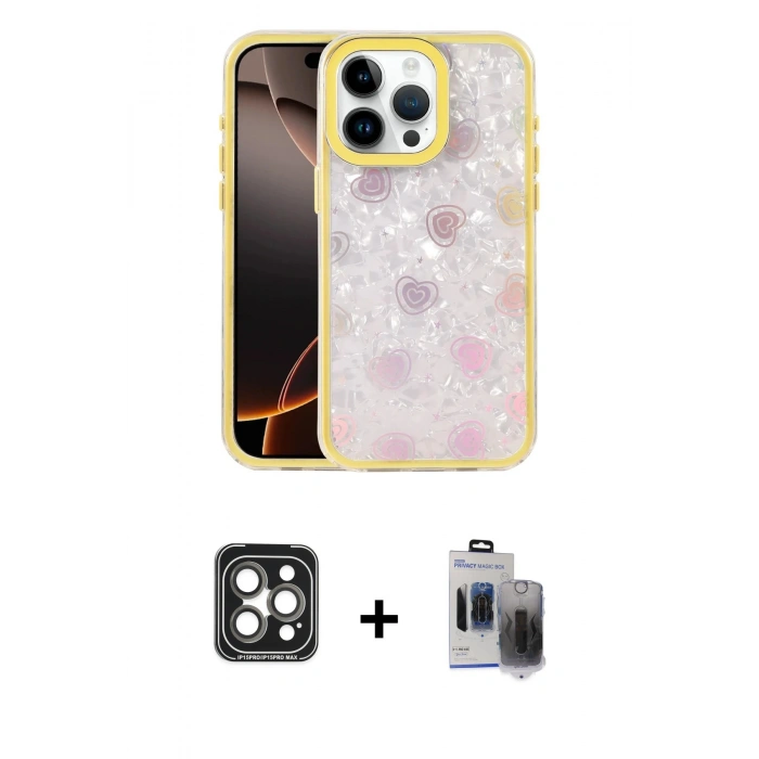 MARSİLYAN™- iPhone 15 Pro Max Kılıf Odak Prime - Siyah Vanessa Magic Hayalet Cam + PVD Metal Kamera Lens - GI