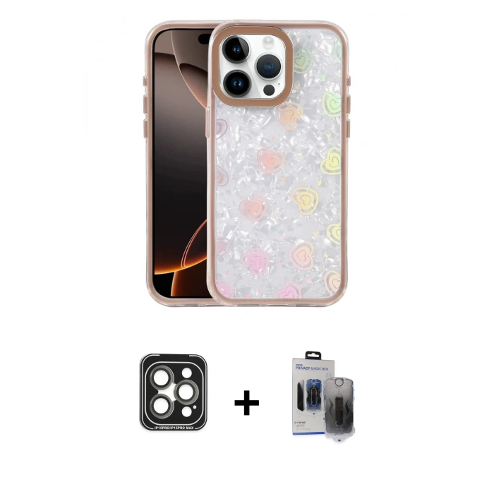 MARSİLYAN™- iPhone 15 Pro Max Kılıf Odak Prime - Siyah Vanessa Magic Hayalet Cam + PVD Metal Kamera Lens - GI