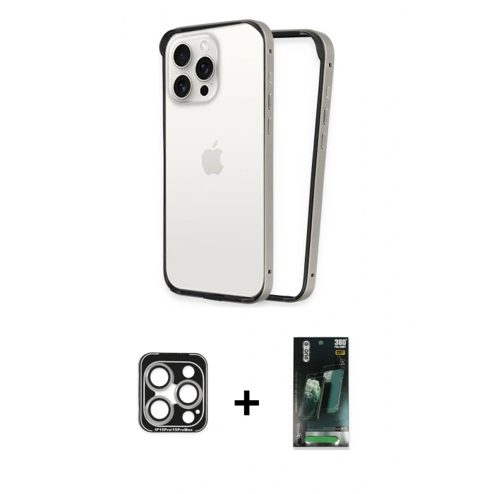 MARSİLYAN™- iPhone 15 Pro Max Kılıf Pusula Asil Koleksiyonu - Şeffaf 360 Full Body Arka Koruyucu + PVD Metal Kamera Lens - GS