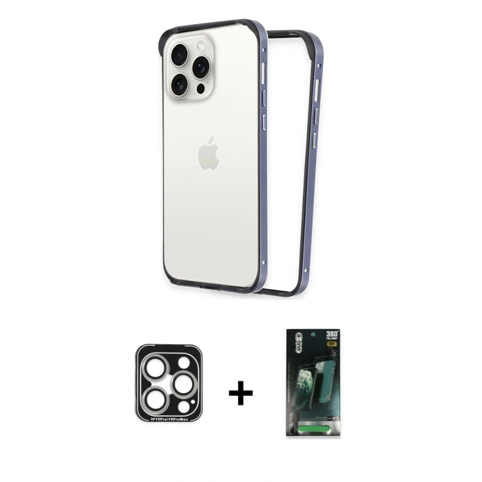 MARSİLYAN™- iPhone 15 Pro Max Kılıf Pusula Asil Koleksiyonu - Şeffaf 360 Full Body Arka Koruyucu + PVD Metal Kamera Lens - GS