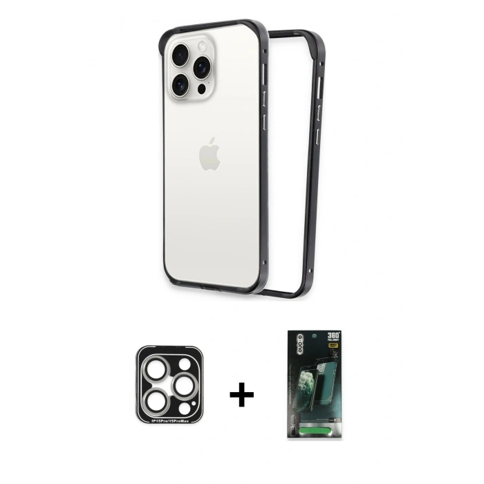 MARSİLYAN™- iPhone 15 Pro Max Kılıf Pusula Asil Koleksiyonu - Şeffaf 360 Full Body Arka Koruyucu + PVD Metal Kamera Lens - GS