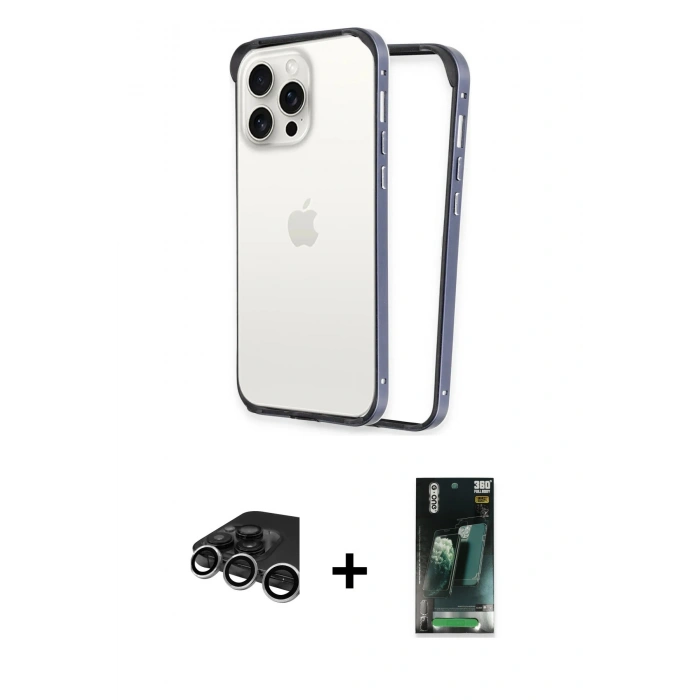 MARSİLYAN™- iPhone 15 Pro Max Kılıf Pusula Asil Koleksiyonu - Şeffaf 360 Full Body Arka Koruyucu + Raze Metal Kamera Lens - GS