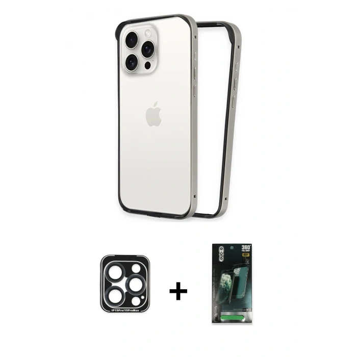 MARSİLYAN™- iPhone 15 Pro Max Kılıf Pusula Asil Koleksiyonu - Şeffaf 360 Full Body Arka Koruyucu + Lacivert PVD Metal Kamera Lens