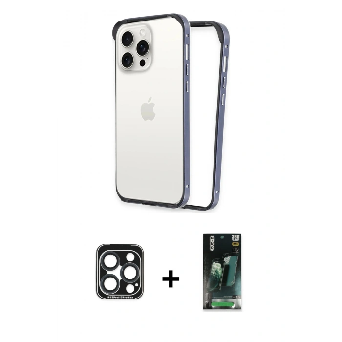 MARSİLYAN™- iPhone 15 Pro Max Kılıf Pusula Asil Koleksiyonu - Şeffaf 360 Full Body Arka Koruyucu + Lacivert PVD Metal Kamera Lens