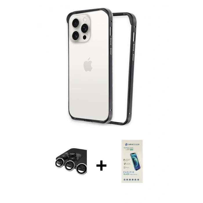 MARSİLYAN™- iPhone 15 Pro Max Kılıf Pusula Asil Koleksiyonu - Şeffaf Pasifik Cam Ekran Koruyucu + Raze Metal Kamera Lens - GS