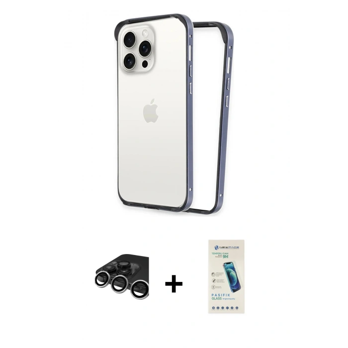 MARSİLYAN™- iPhone 15 Pro Max Kılıf Pusula Asil Koleksiyonu - Şeffaf Pasifik Cam Ekran Koruyucu + Raze Metal Kamera Lens - GS