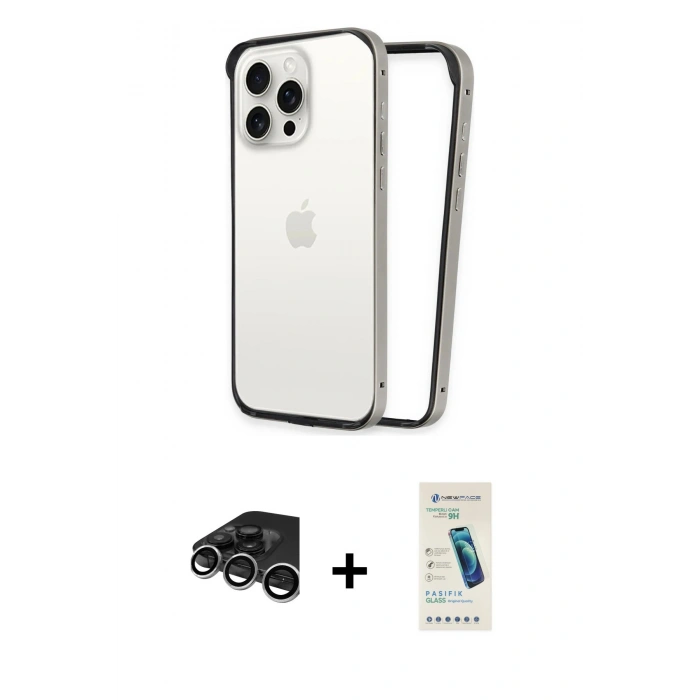 MARSİLYAN™- iPhone 15 Pro Max Kılıf Pusula Asil Koleksiyonu - Şeffaf Pasifik Cam Ekran Koruyucu + Raze Metal Kamera Lens - GS