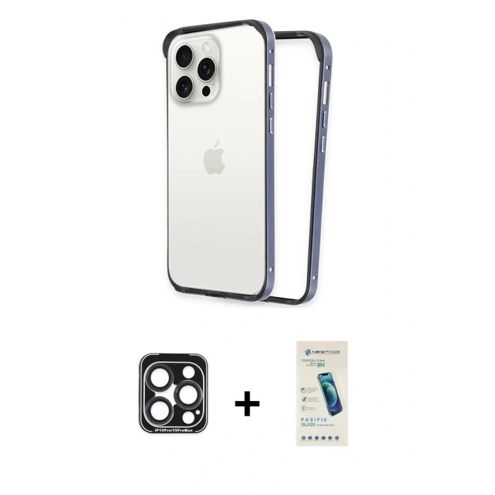 MARSİLYAN™- iPhone 15 Pro Max Kılıf Pusula Asil Koleksiyonu - Şeffaf Pasifik Cam Ekran Koruyucu + PVD Metal Kamera Lens - LT