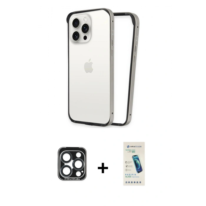 MARSİLYAN™- iPhone 15 Pro Max Kılıf Pusula Asil Koleksiyonu - Şeffaf Pasifik Cam Ekran Koruyucu + PVD Metal Kamera Lens - LT