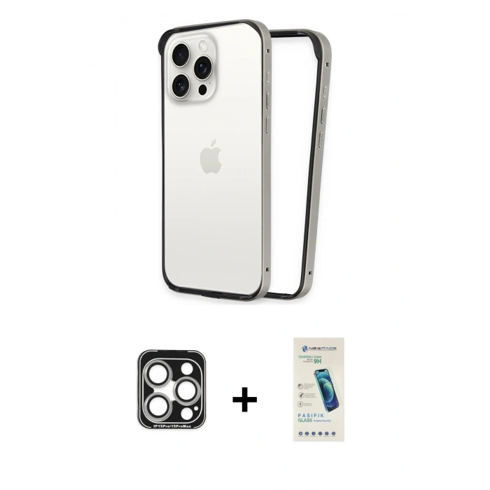 MARSİLYAN™- iPhone 15 Pro Max Kılıf Pusula Asil Koleksiyonu - Şeffaf Pasifik Cam Ekran Koruyucu + PVD Metal Kamera Lens - GS
