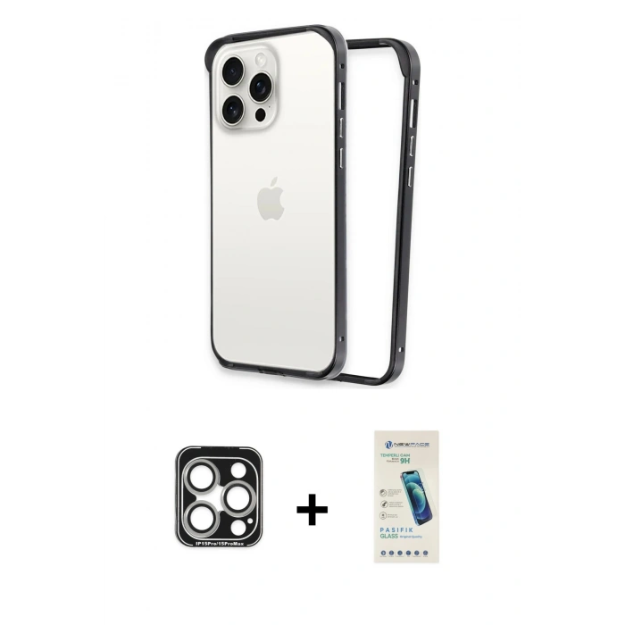 MARSİLYAN™- iPhone 15 Pro Max Kılıf Pusula Asil Koleksiyonu - Şeffaf Pasifik Cam Ekran Koruyucu + PVD Metal Kamera Lens - GS
