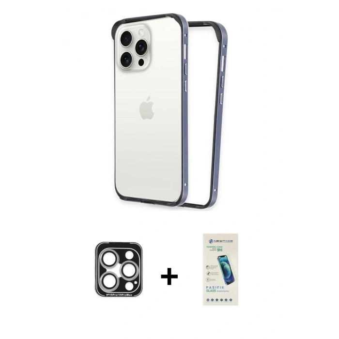 MARSİLYAN™- iPhone 15 Pro Max Kılıf Pusula Asil Koleksiyonu - Şeffaf Pasifik Cam Ekran Koruyucu + PVD Metal Kamera Lens - GS