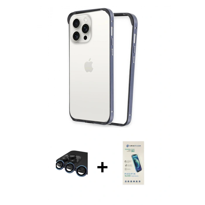 MARSİLYAN™- iPhone 15 Pro Max Kılıf Pusula Asil Koleksiyonu - Şeffaf Pasifik Cam Ekran Koruyucu + Raze Metal Kamera Lens - LT