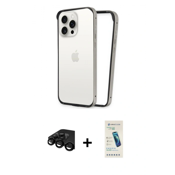 MARSİLYAN™- iPhone 15 Pro Max Kılıf Pusula Asil Koleksiyonu - Şeffaf Pasifik Cam Ekran Koruyucu + Raze Metal Kamera Lens - SH