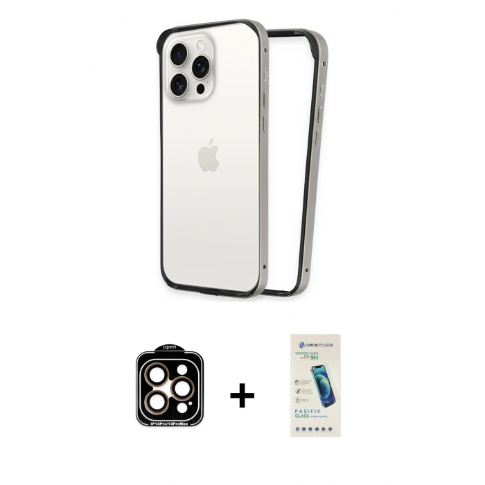 MARSİLYAN™- iPhone 15 Pro Max Kılıf Pusula Asil Koleksiyonu - Şeffaf Pasifik Cam Ekran Koruyucu + PVD Metal Kamera Lens - TU
