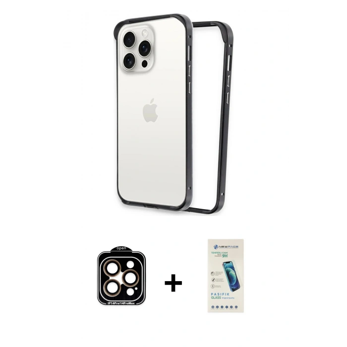 MARSİLYAN™- iPhone 15 Pro Max Kılıf Pusula Asil Koleksiyonu - Şeffaf Pasifik Cam Ekran Koruyucu + PVD Metal Kamera Lens - TU