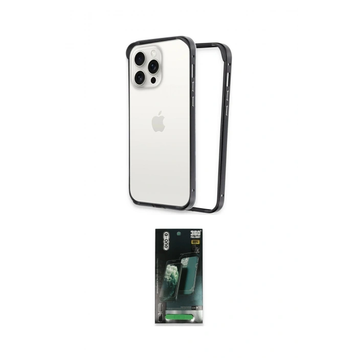 MARSİLYAN™- iPhone 15 Pro Max Kılıf Pusula Asil Koleksiyonu - Siyah 360 Mat Full Body Arka Koruyucu