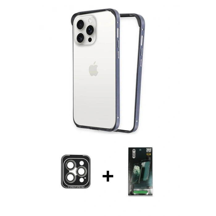 MARSİLYAN™- iPhone 15 Pro Max Kılıf Pusula Asil Koleksiyonu - Siyah 360 Mat Full Body Arka Koruyucu + PVD Metal Kamera Lens - GI