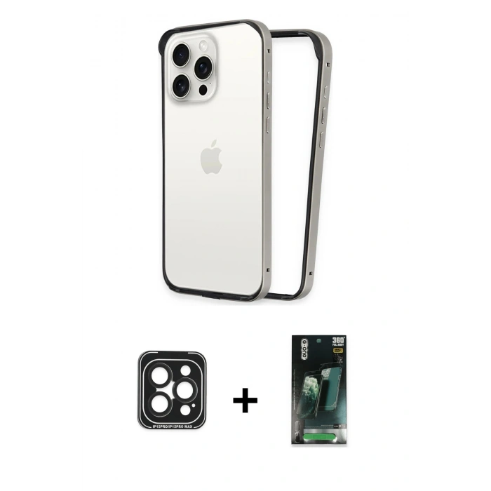 MARSİLYAN™- iPhone 15 Pro Max Kılıf Pusula Asil Koleksiyonu - Siyah 360 Mat Full Body Arka Koruyucu + PVD Metal Kamera Lens - SH