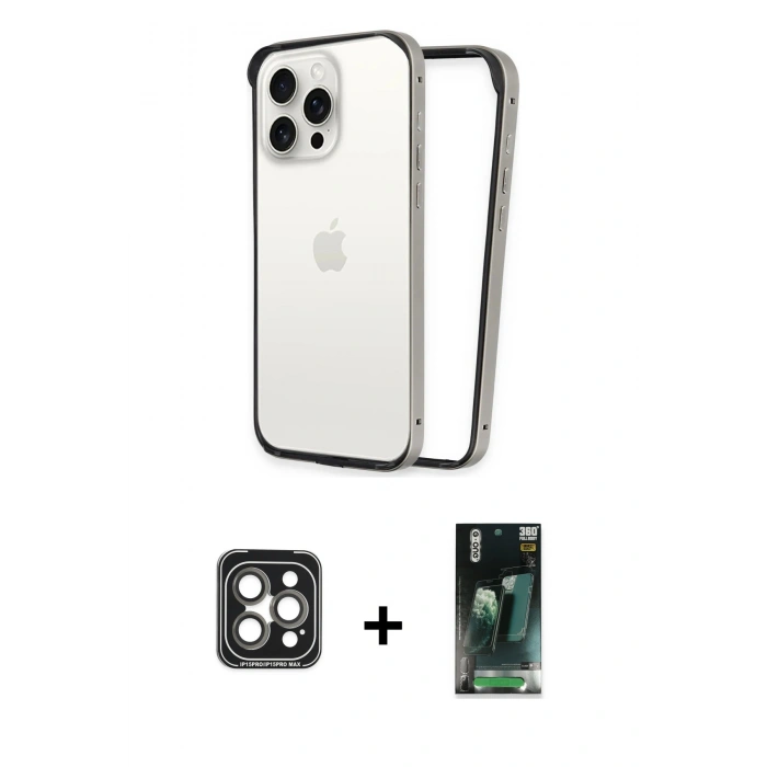MARSİLYAN™- iPhone 15 Pro Max Kılıf Pusula Asil Koleksiyonu - Siyah 360 Mat Full Body Arka Koruyucu + PVD Metal Kamera Lens - GI