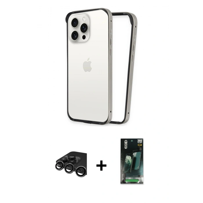 MARSİLYAN™- iPhone 15 Pro Max Kılıf Pusula Asil Koleksiyonu - Siyah 360 Mat Full Body Arka Koruyucu + Raze Metal Kamera Lens - TMGI