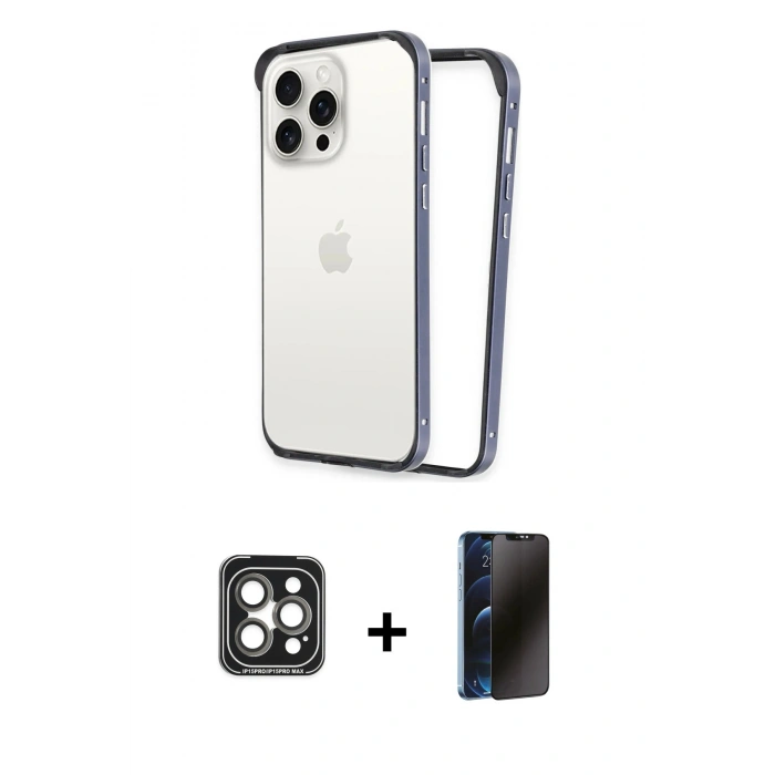 MARSİLYAN™- iPhone 15 Pro Max Kılıf Pusula Asil Koleksiyonu - Siyah 3D Antistatik Hayalet Cam Ekran Koruyucu + PVD Metal Kamera Lens - GI