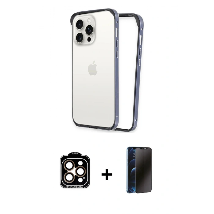 MARSİLYAN™- iPhone 15 Pro Max Kılıf Pusula Asil Koleksiyonu - Siyah 3D Antistatik Hayalet Cam Ekran Koruyucu + PVD Metal Kamera Lens - TU