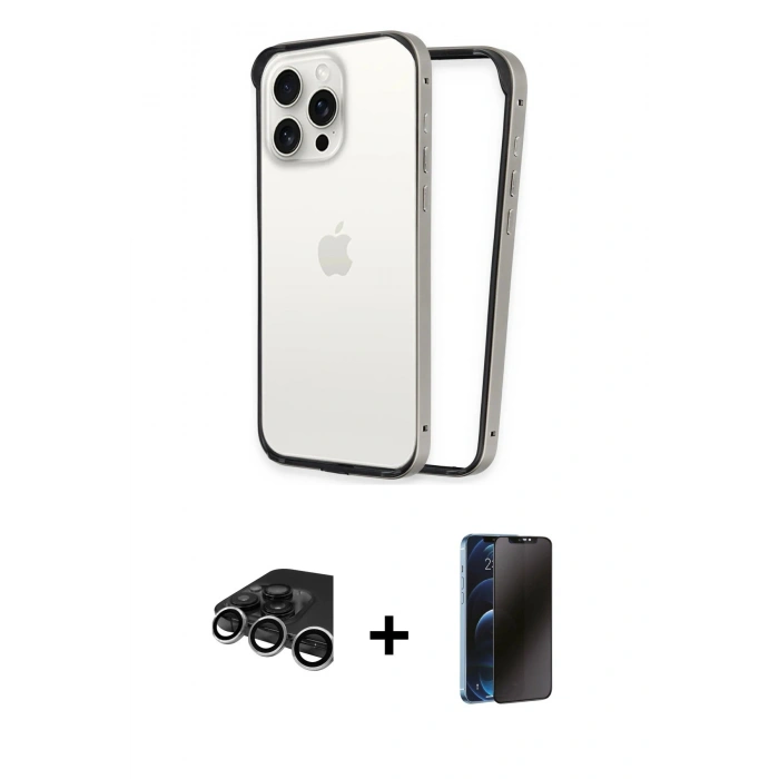 MARSİLYAN™- iPhone 15 Pro Max Kılıf Pusula Asil Koleksiyonu - Siyah 3D Antistatik Hayalet Cam Ekran Koruyucu + Raze Metal Kamera Lens - GS