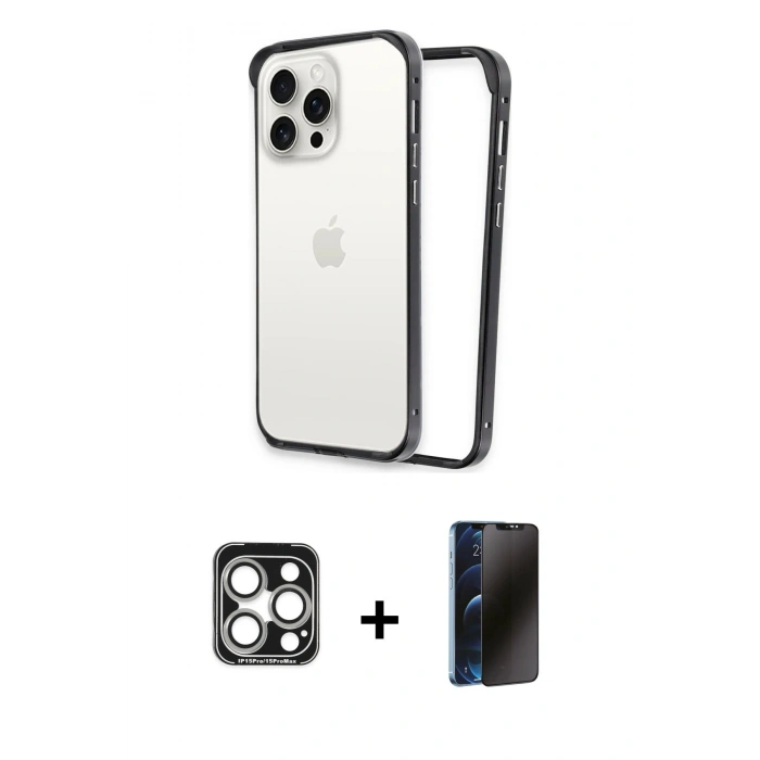 MARSİLYAN™- iPhone 15 Pro Max Kılıf Pusula Asil Koleksiyonu - Siyah 3D Antistatik Hayalet Cam Ekran Koruyucu + Gümüş PVD Metal Kamera Lens