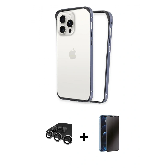 MARSİLYAN™- iPhone 15 Pro Max Kılıf Pusula Asil Koleksiyonu - Siyah 3D Antistatik Hayalet Cam Ekran Koruyucu + Raze Metal Kamera Lens - GS