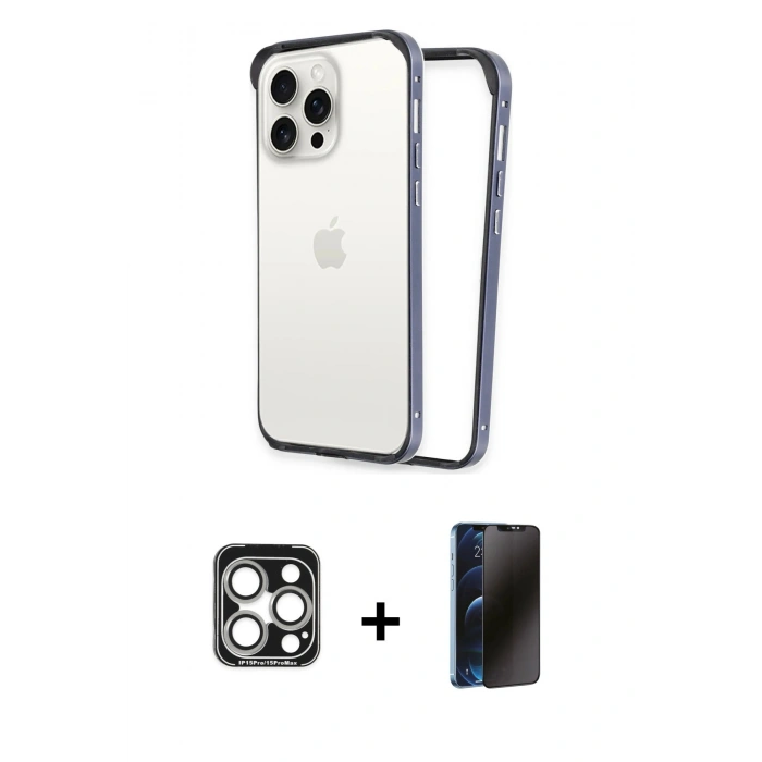 MARSİLYAN™- iPhone 15 Pro Max Kılıf Pusula Asil Koleksiyonu - Siyah 3D Antistatik Hayalet Cam Ekran Koruyucu + Gümüş PVD Metal Kamera Lens