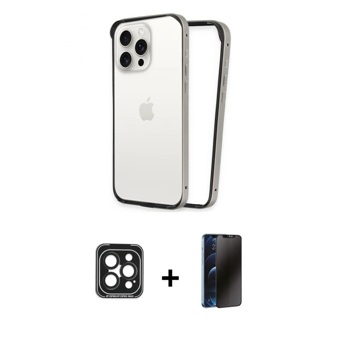 MARSİLYAN™- iPhone 15 Pro Max Kılıf Pusula Asil Koleksiyonu - Siyah 3D Antistatik Hayalet Cam Ekran Koruyucu + PVD Metal Kamera Lens - SH