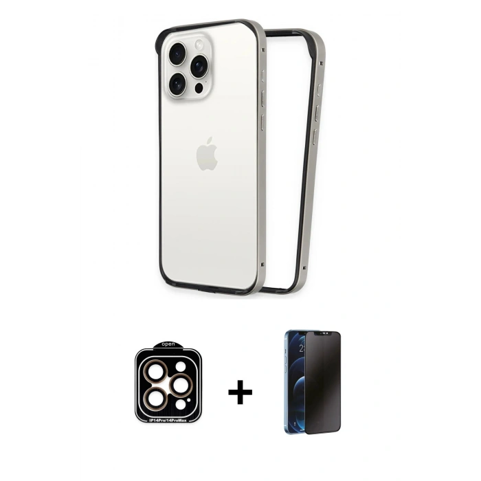 MARSİLYAN™- iPhone 15 Pro Max Kılıf Pusula Asil Koleksiyonu - Siyah 3D Antistatik Hayalet Cam Ekran Koruyucu + PVD Metal Kamera Lens - TU
