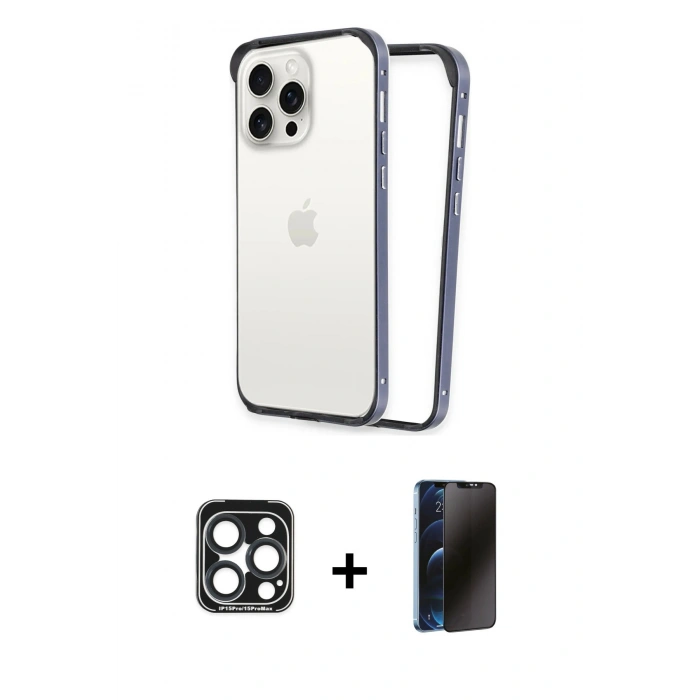 MARSİLYAN™- iPhone 15 Pro Max Kılıf Pusula Asil Koleksiyonu - Siyah 3D Antistatik Hayalet Cam Ekran Koruyucu + PVD Metal Kamera Lens - LT