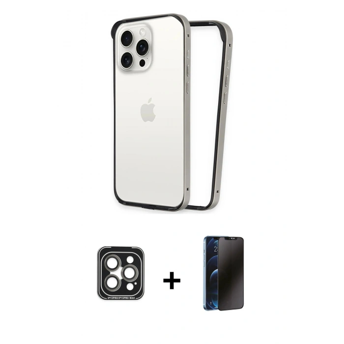 MARSİLYAN™- iPhone 15 Pro Max Kılıf Pusula Asil Koleksiyonu - Siyah 3D Antistatik Hayalet Cam Ekran Koruyucu + PVD Metal Kamera Lens - GI