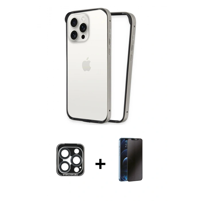 MARSİLYAN™- iPhone 15 Pro Max Kılıf Pusula Asil Koleksiyonu - Siyah 3D Antistatik Hayalet Cam Ekran Koruyucu + PVD Metal Kamera Lens - LT