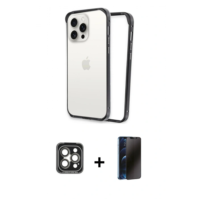MARSİLYAN™- iPhone 15 Pro Max Kılıf Pusula Asil Koleksiyonu - Siyah 3D Antistatik Hayalet Cam Ekran Koruyucu + PVD Metal Kamera Lens - GI