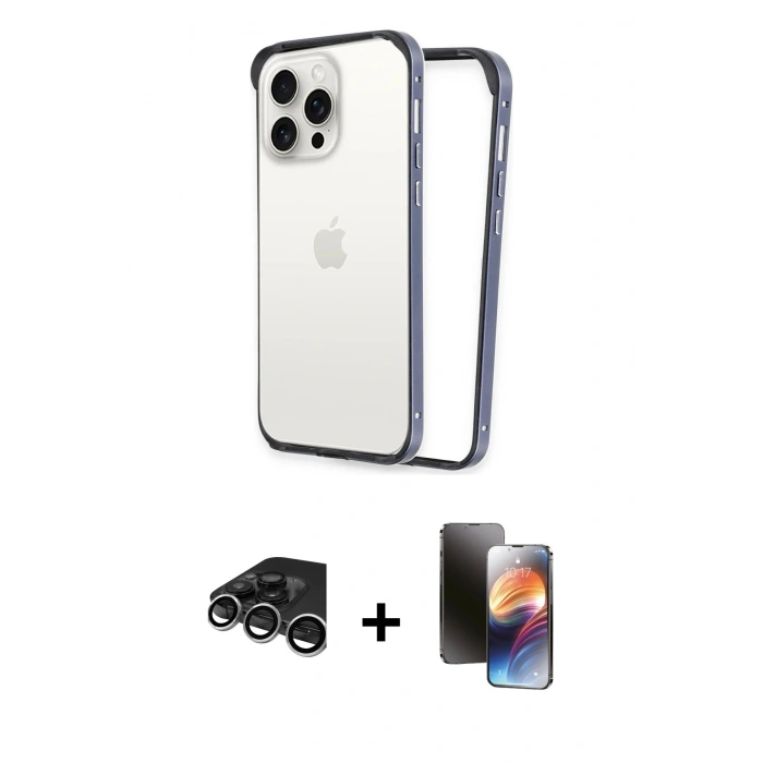 MARSİLYAN™- iPhone 15 Pro Max Kılıf Pusula Asil Koleksiyonu - Siyah 3D Antistatik Mat Seramik Nano Ekran Koruyucu + Gümüş Raze Metal Kamera Lens
