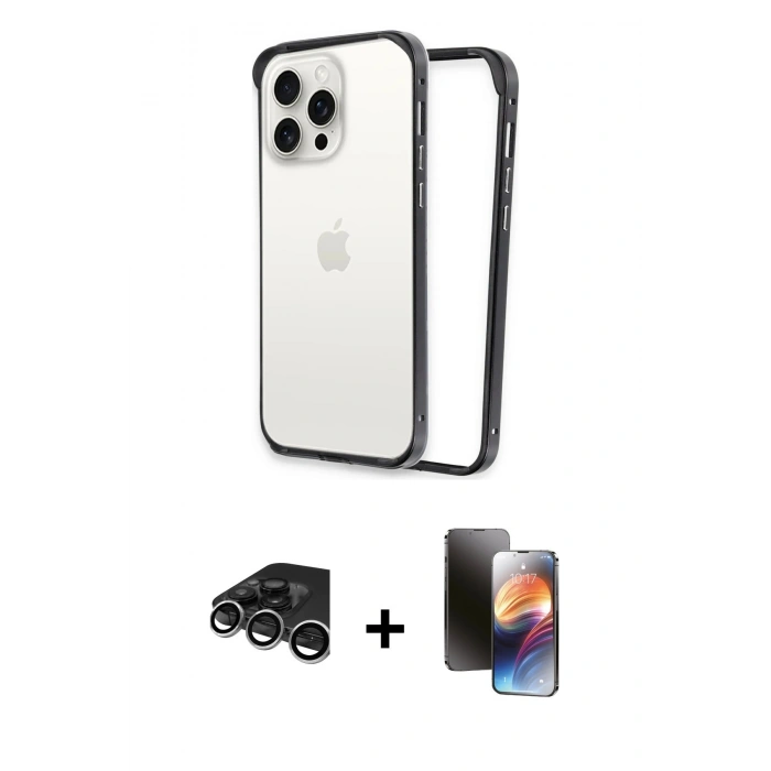 MARSİLYAN™- iPhone 15 Pro Max Kılıf Pusula Asil Koleksiyonu - Siyah 3D Antistatik Mat Seramik Nano Ekran Koruyucu + Gümüş Raze Metal Kamera Lens