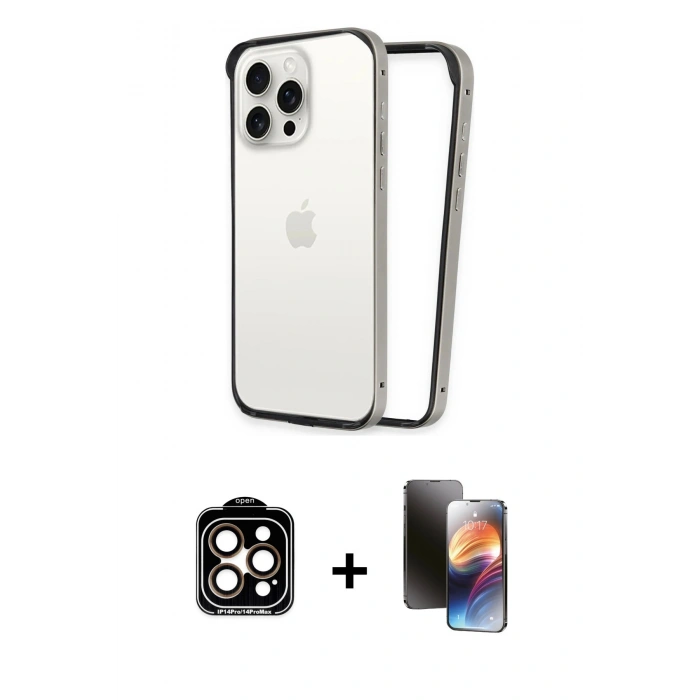 MARSİLYAN™- iPhone 15 Pro Max Kılıf Pusula Asil Koleksiyonu - Siyah 3D Antistatik Mat Seramik Nano Ekran Koruyucu + Turuncu PVD Metal Kamera Lens