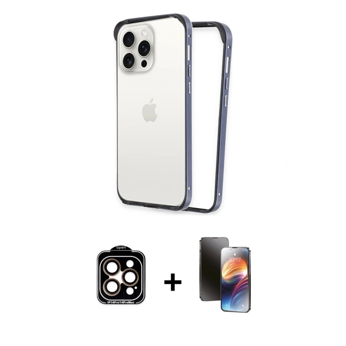 MARSİLYAN™- iPhone 15 Pro Max Kılıf Pusula Asil Koleksiyonu - Siyah 3D Antistatik Mat Seramik Nano Ekran Koruyucu + Turuncu PVD Metal Kamera Lens