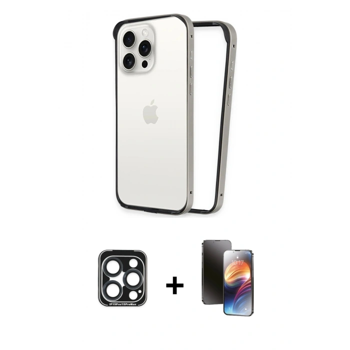 MARSİLYAN™- iPhone 15 Pro Max Kılıf Pusula Asil Koleksiyonu - Siyah 3D Antistatik Mat Seramik Nano Ekran Koruyucu + PVD Metal Kamera Lens - LT