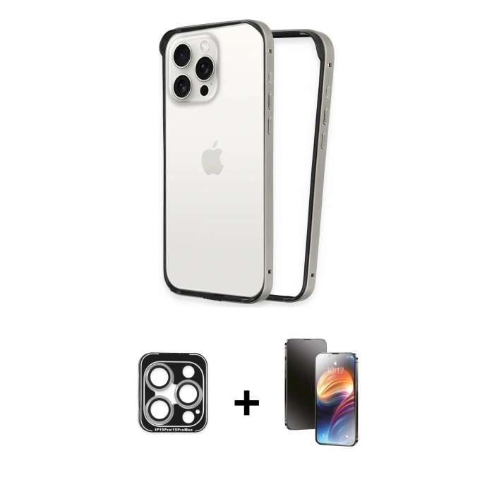 MARSİLYAN™- iPhone 15 Pro Max Kılıf Pusula Asil Koleksiyonu - Siyah 3D Antistatik Mat Seramik Nano Ekran Koruyucu + PVD Metal Kamera Lens - GS