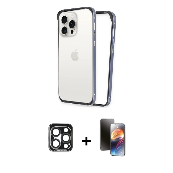 MARSİLYAN™- iPhone 15 Pro Max Kılıf Pusula Asil Koleksiyonu - Siyah 3D Antistatik Mat Seramik Nano Ekran Koruyucu + PVD Metal Kamera Lens - LT