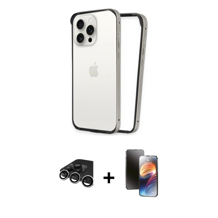 MARSİLYAN™- iPhone 15 Pro Max Kılıf Pusula Asil Koleksiyonu - Siyah 3D Antistatik Mat Seramik Nano Ekran Koruyucu + Gümüş Raze Metal Kamera Lens
