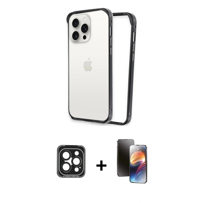MARSİLYAN™- iPhone 15 Pro Max Kılıf Pusula Asil Koleksiyonu - Siyah 3D Antistatik Mat Seramik Nano Ekran Koruyucu + PVD Metal Kamera Lens - SH